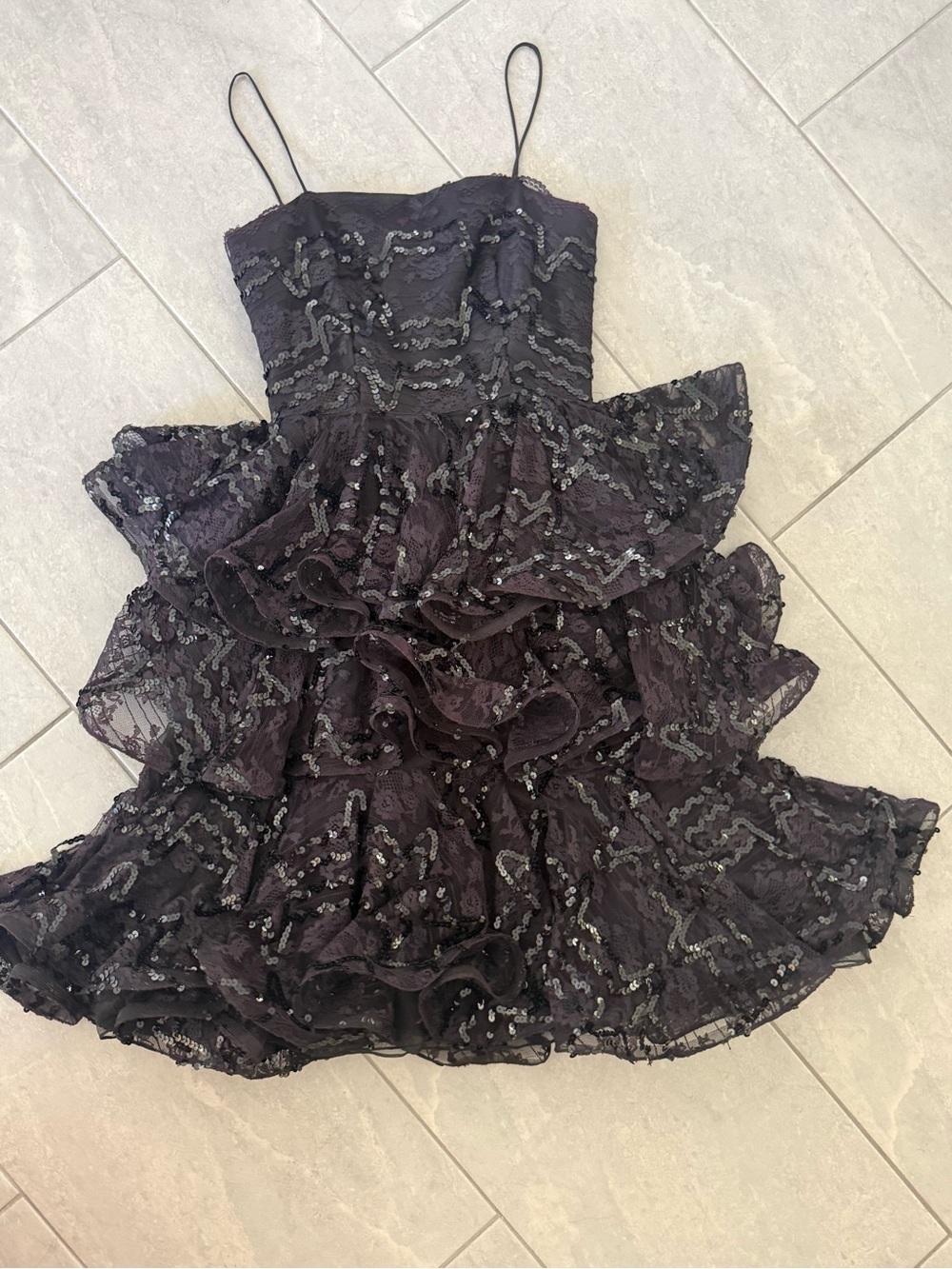 Vintage 80s/90s After Five Black Sequin Tiered Ruffle Party Dress 4